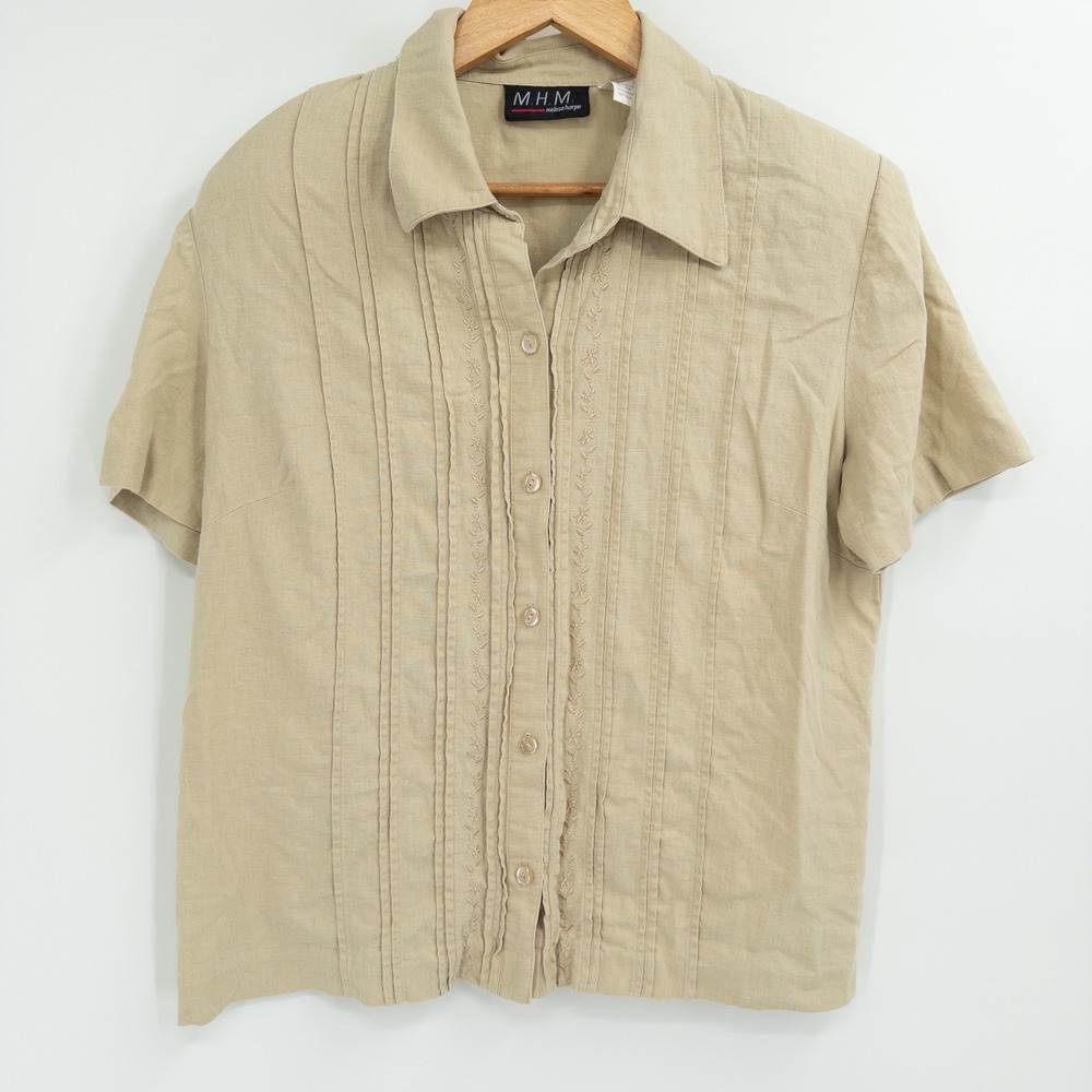 Vintage 90s Linen Button Down Women 10 Butter Mom Coastal Granny Shabby Chic